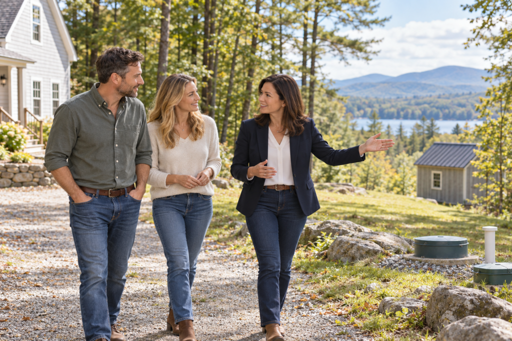 New Hampshire real estate agent reviewing a rural property with homeowners